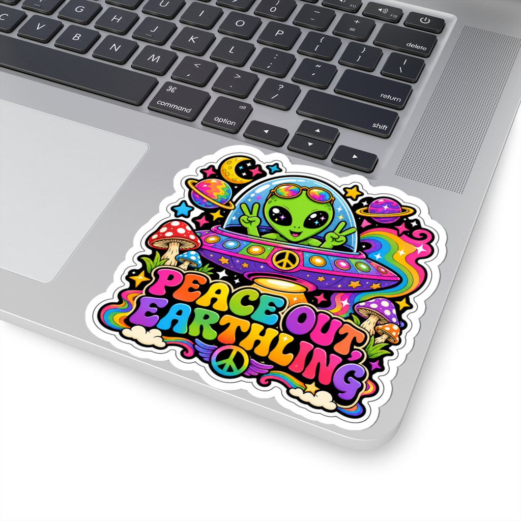 Peace Out Earthling Alien Sticker — Colorful Psychedelic UFO Kiss-Cut Sticker