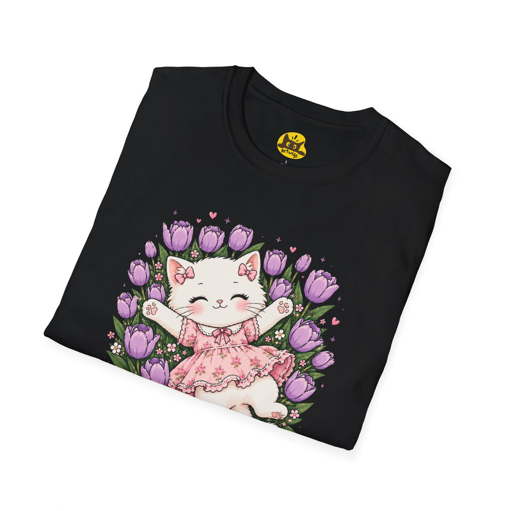 Cute Floral Cat T-Shirt — Happy Kitten in Tulips Graphic Tee