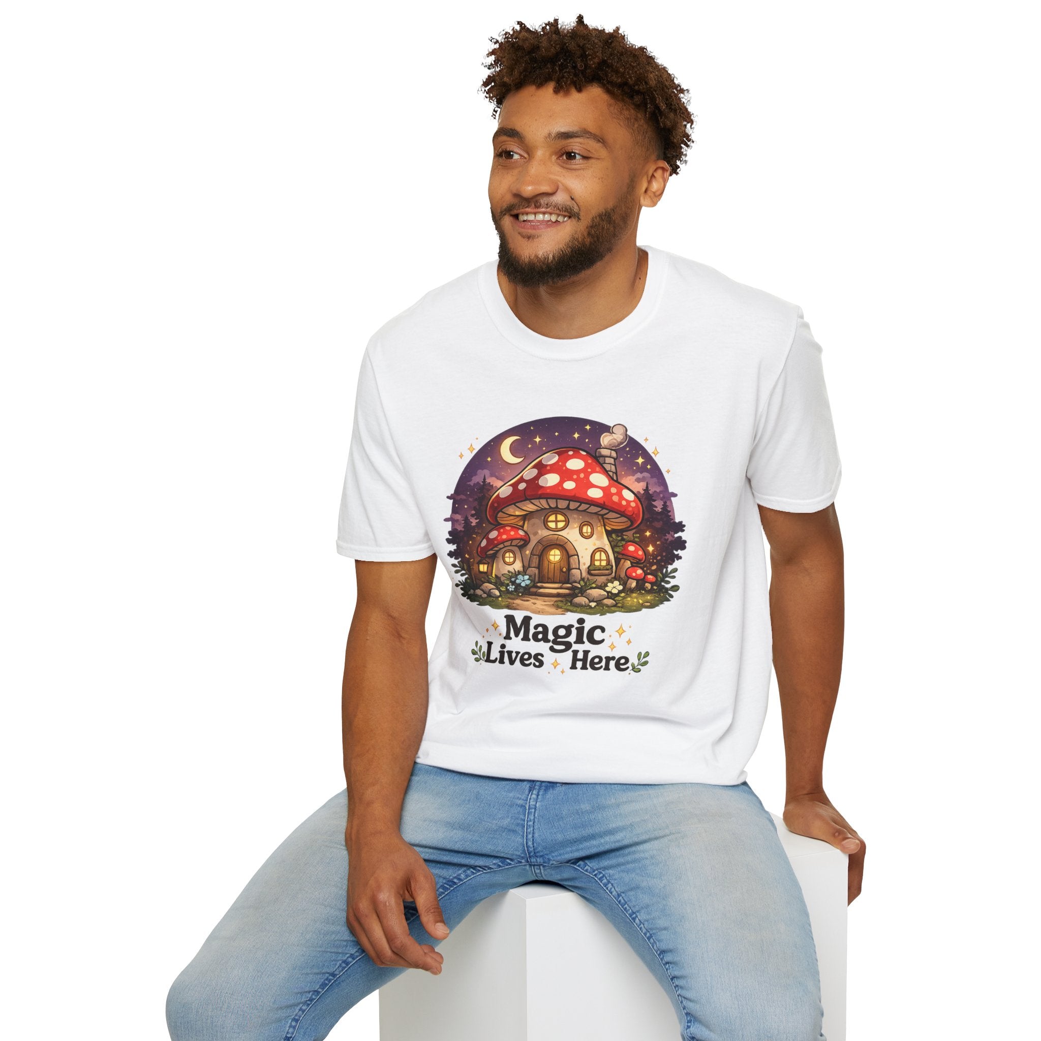 Mushroom Cottage T-Shirt — "Magic Lives Here" Whimsical Fairycore Tee