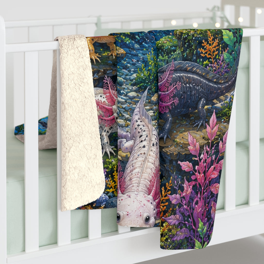 Axolotl Underwater Sherpa Blanket — Colorful Aquatic Creature Fleece Throw