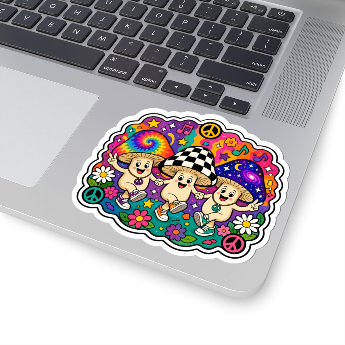 Psychedelic Mushroom Trio Kiss-Cut Sticker — Cute Hippie Peace & Flowers