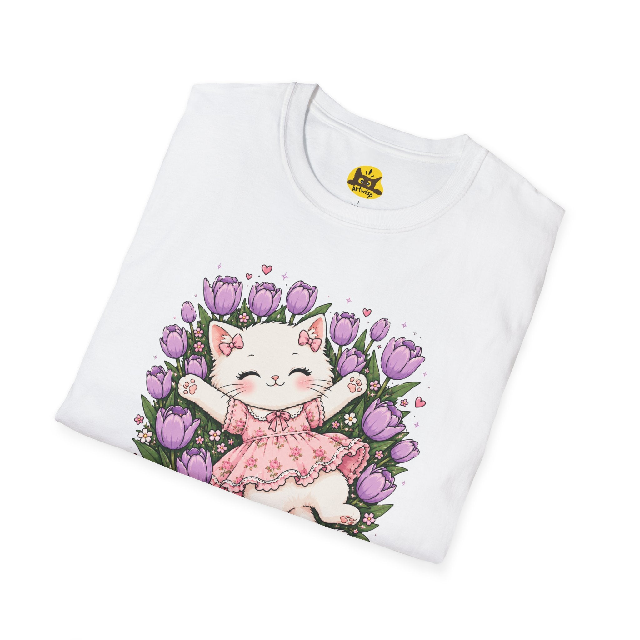 Cute Floral Cat T-Shirt — Happy Kitten in Tulips Graphic Tee