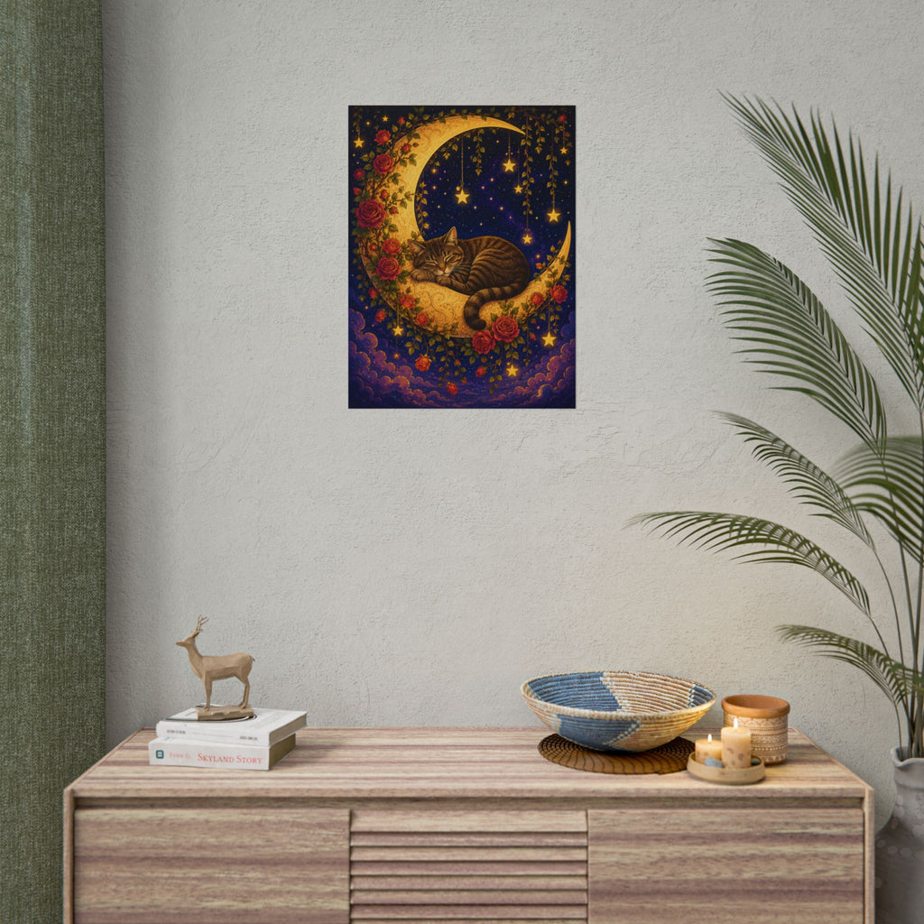 Sleeping Brown Mackerel Tabby Cat on Crescent Moon Poster — Whimsical Night Sky Wall Art