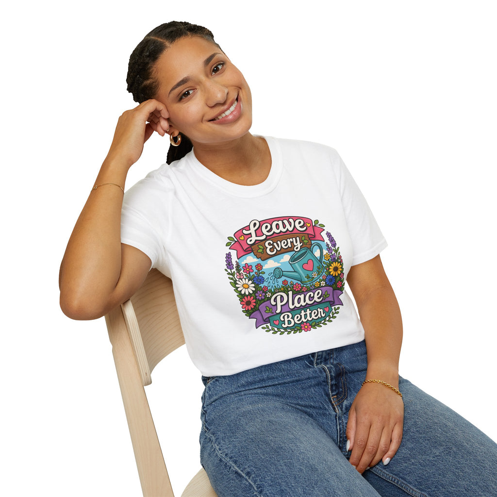 Leave Every Place Better T-Shirt — Floral Watering Can Eco-Friendly Tee