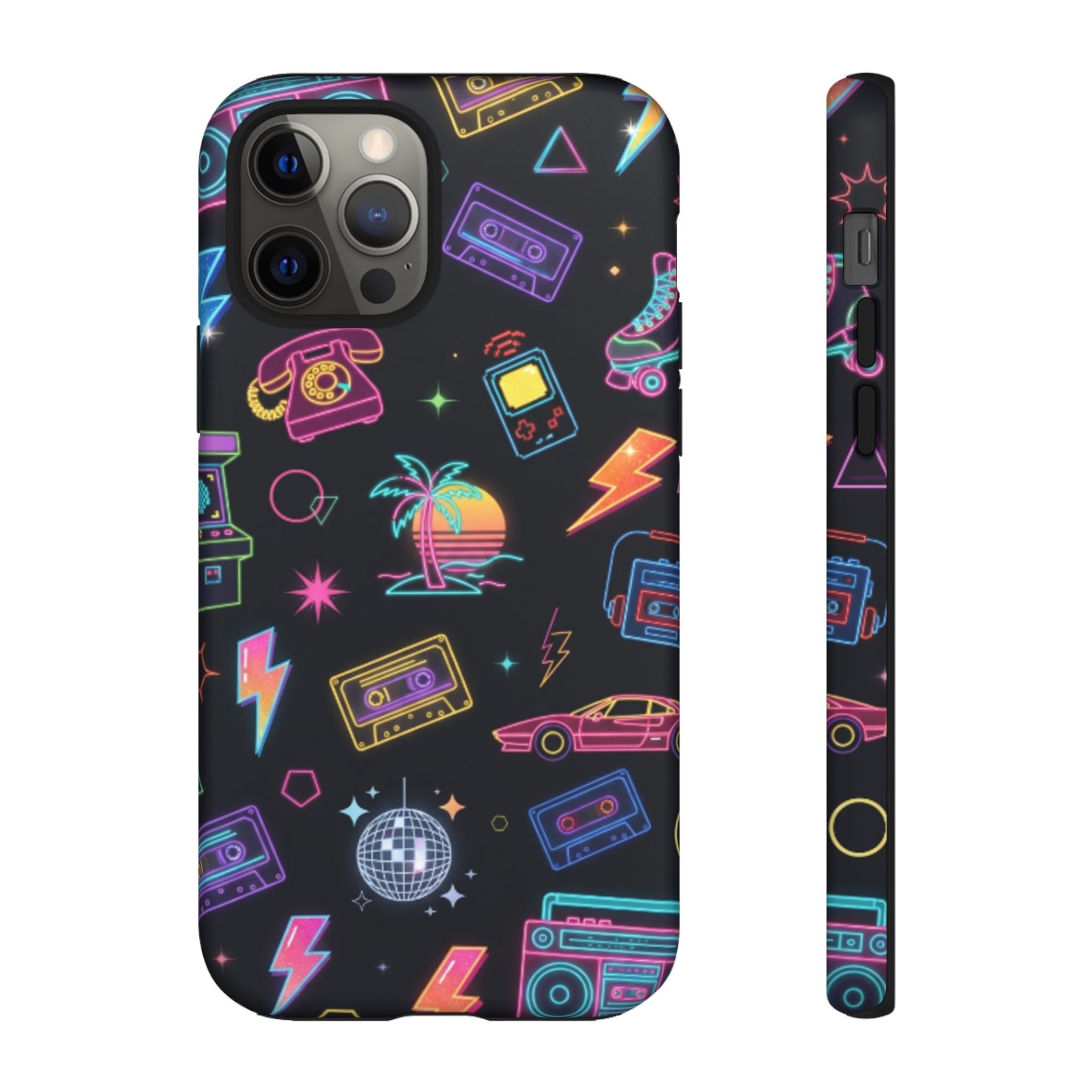 Retro Neon 80s Phone Case — Cassette, Roller Skate & Palm Tree Pattern