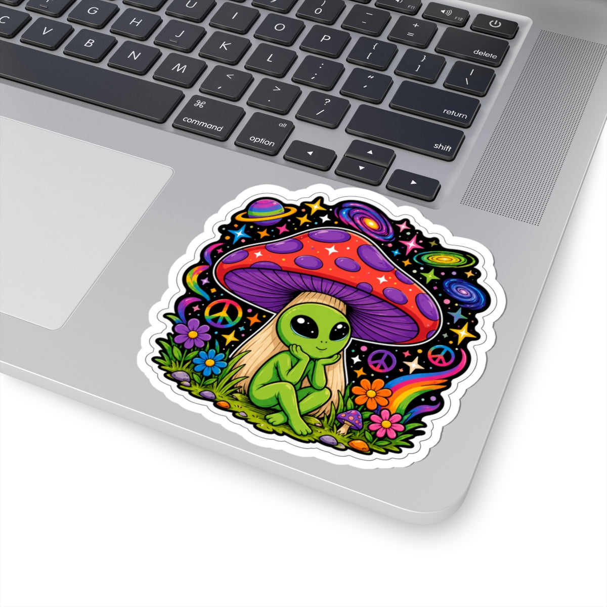 Psychedelic Alien Mushroom Sticker — Cute Retro Space & Peace Sign Kiss-Cut Decal