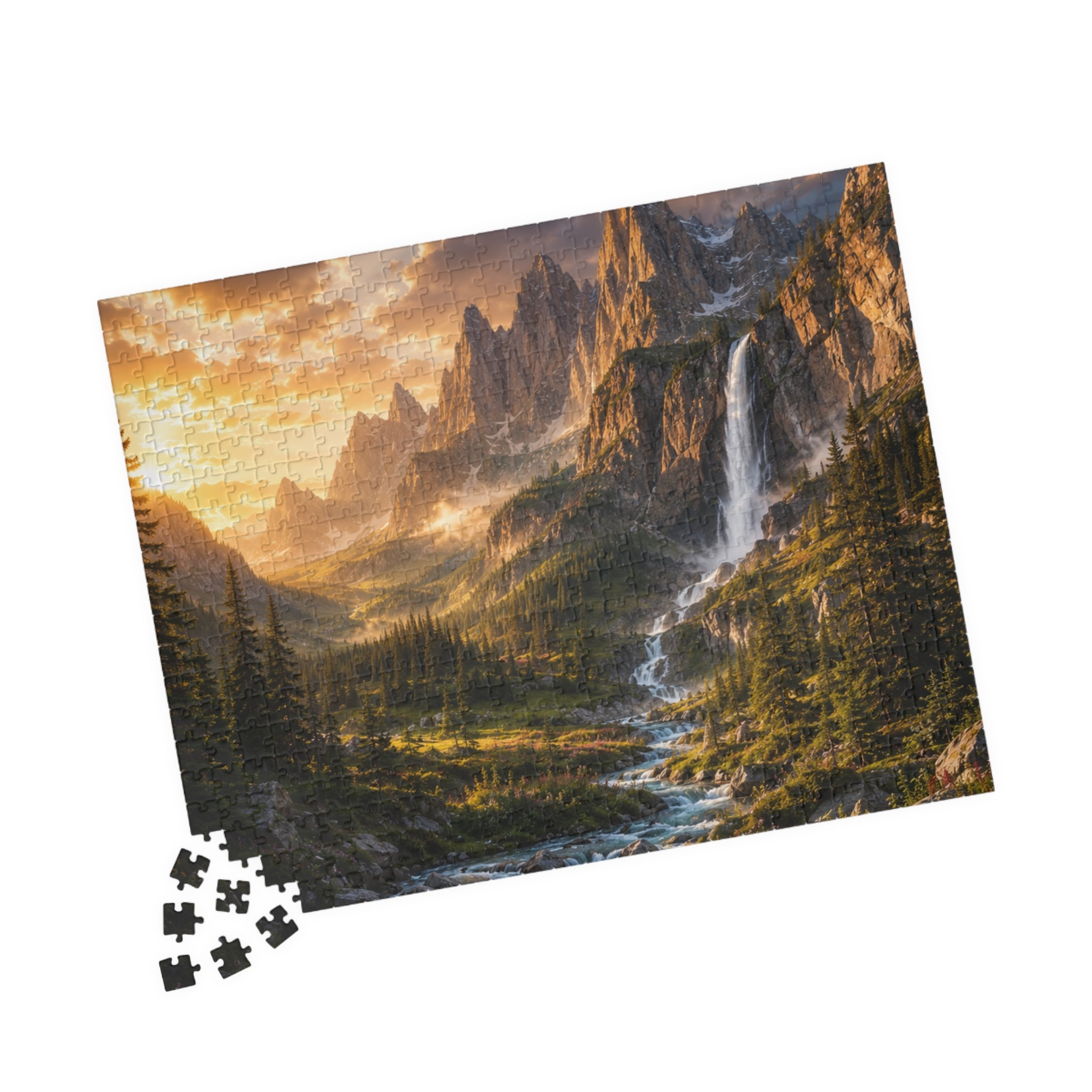 Mountain Valley Waterfall Jigsaw Puzzle — Scenic Nature Landscape Puzzle (110/252/520/1014 pcs)