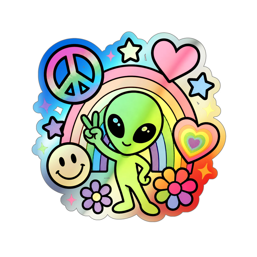 Holographic Alien Peace Sticker — Rainbow Die-Cut Vinyl #02