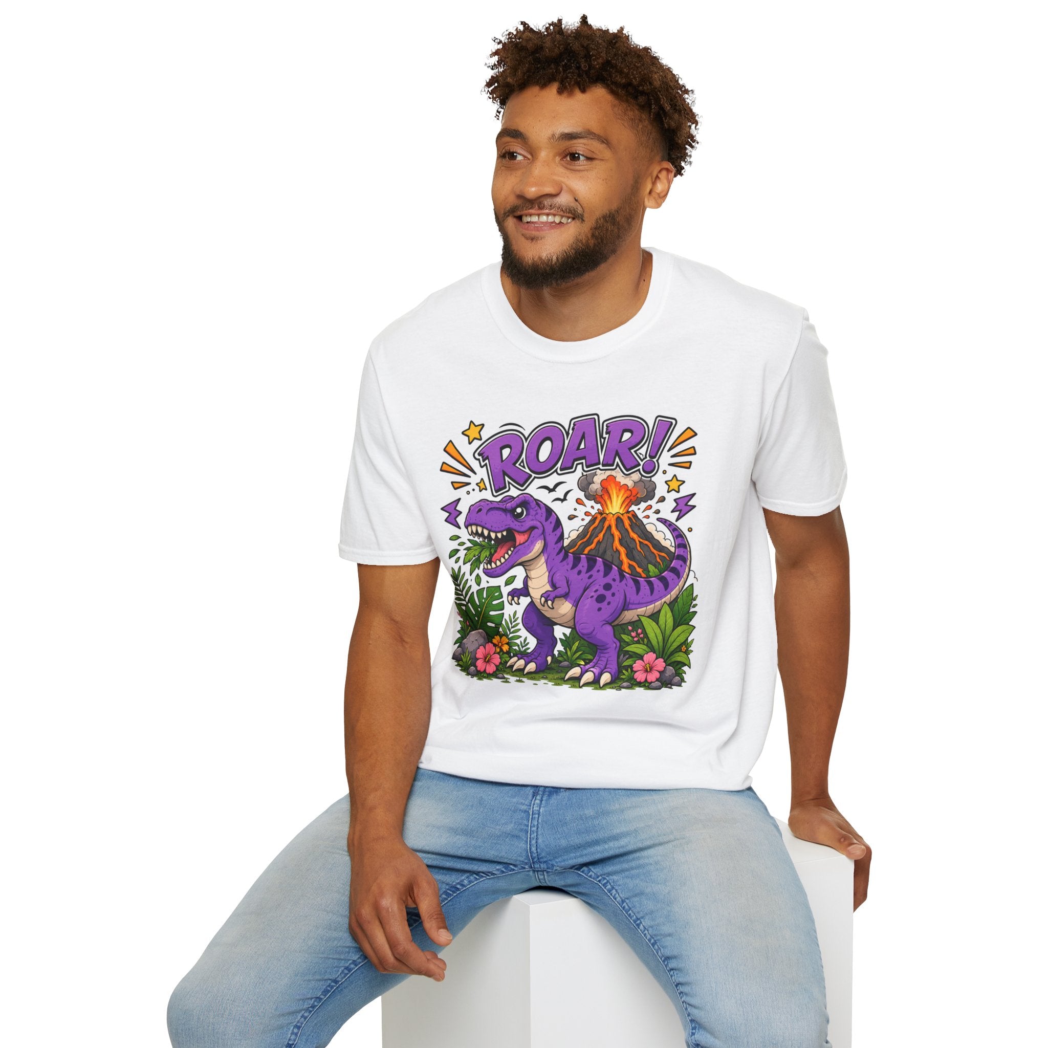 T-Shirt — 'ROAR!' Purple Dinosaur Volcano Graphic Tee