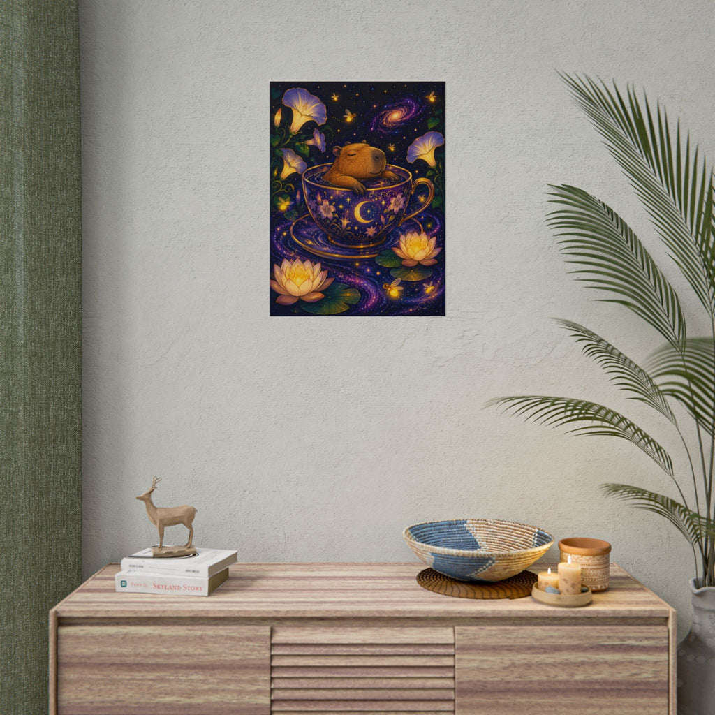 Whimsical Nightcap Poster — Capybara in Teacup Starry Garden Rolled Art Print