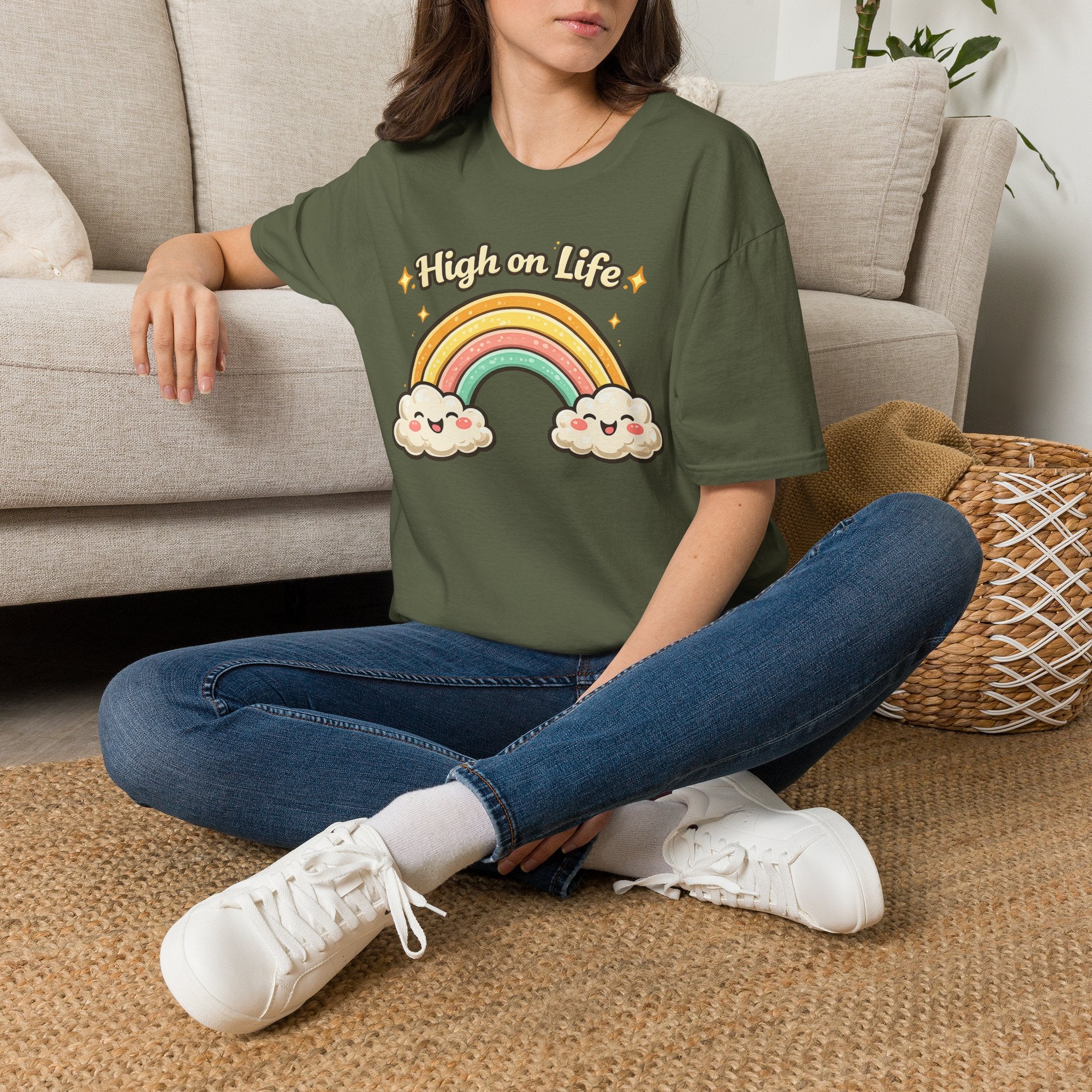 High on Life Cute Rainbow Tee (Retro Pastel Clouds) Gift T-Shirt
