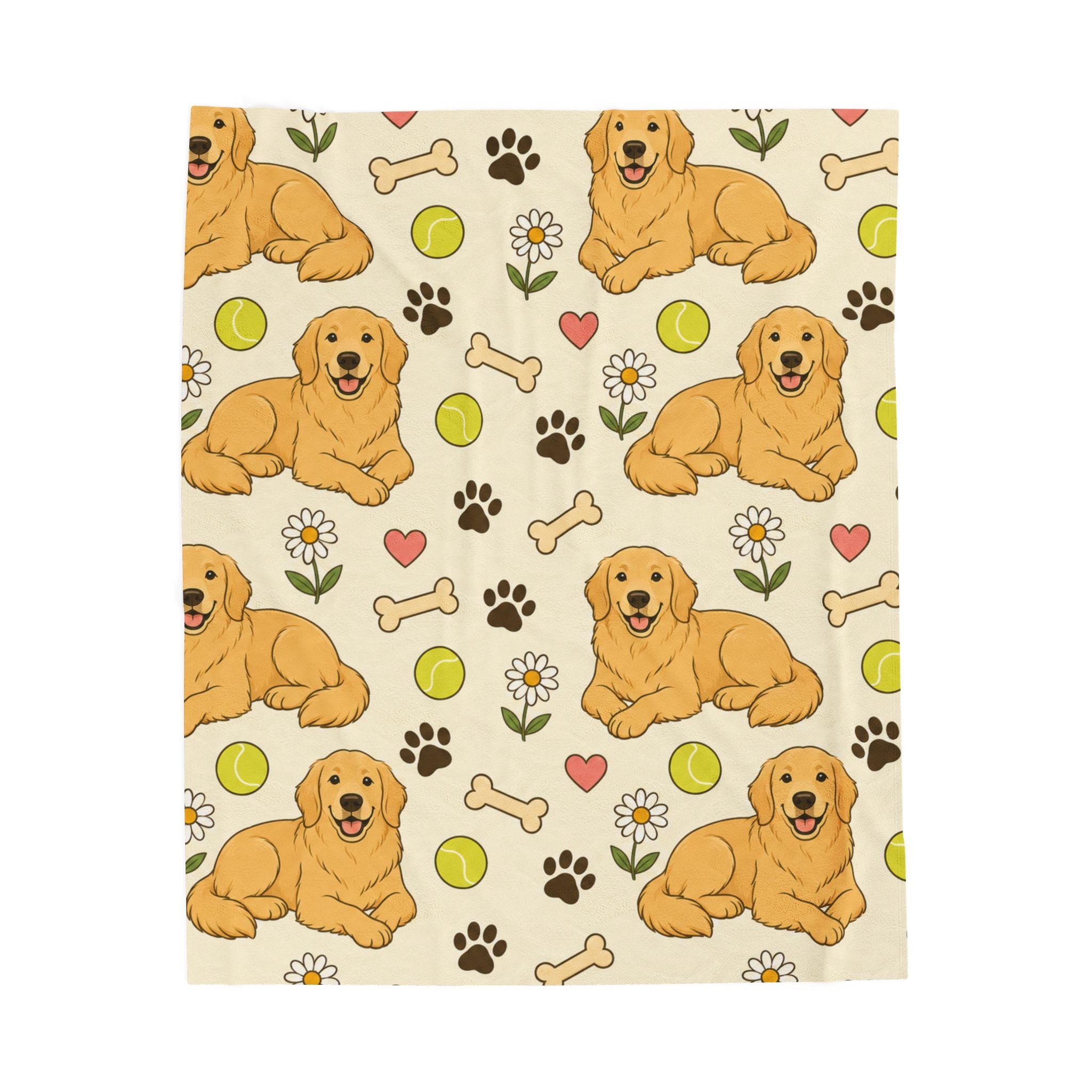 Golden Retriever Pattern Velveteen Plush Blanket — Cute Dog, Paw & Toy Design