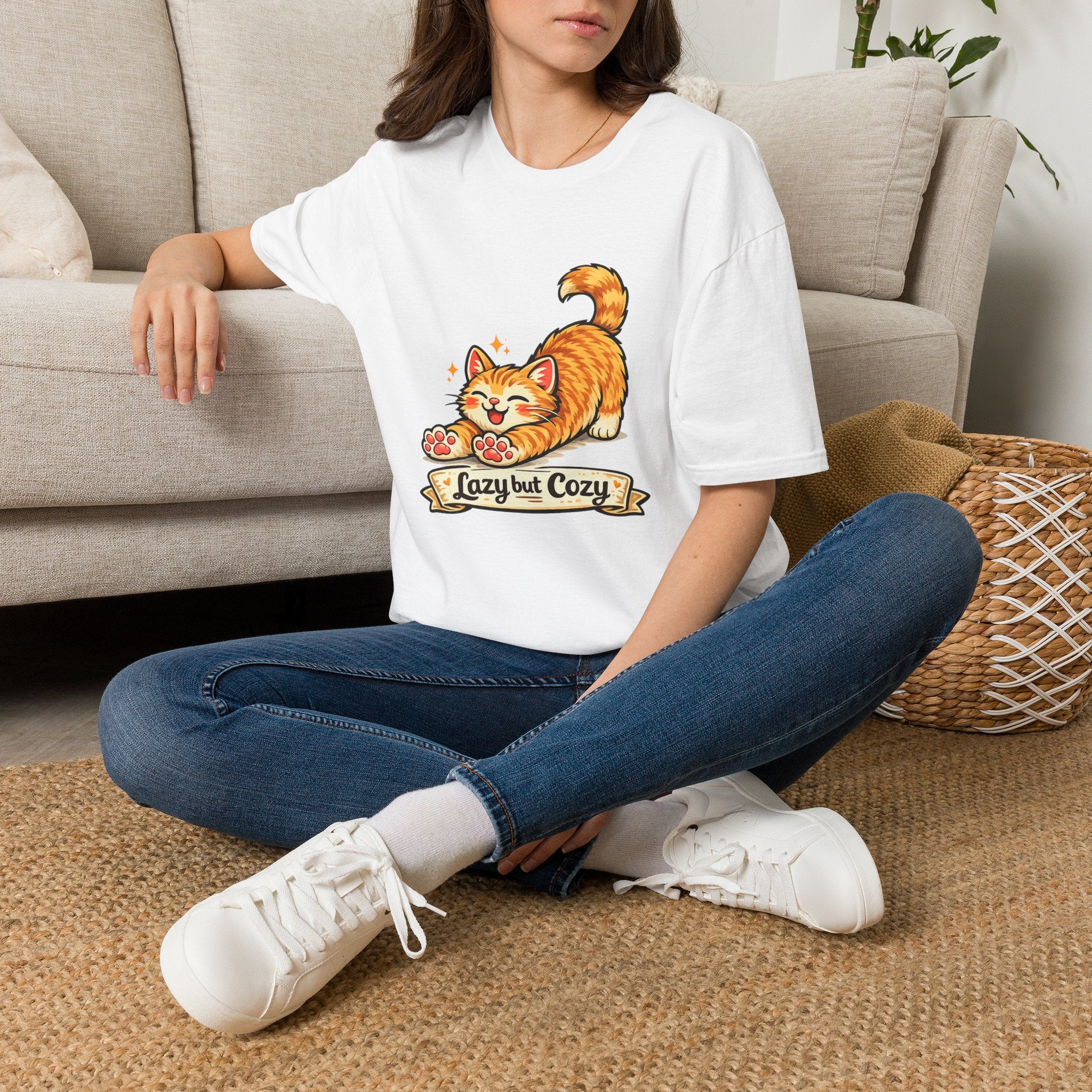 Cozy Cat T-Shirt — Cute Stretching Orange Kitten "Lazy but Cozy" Shirt