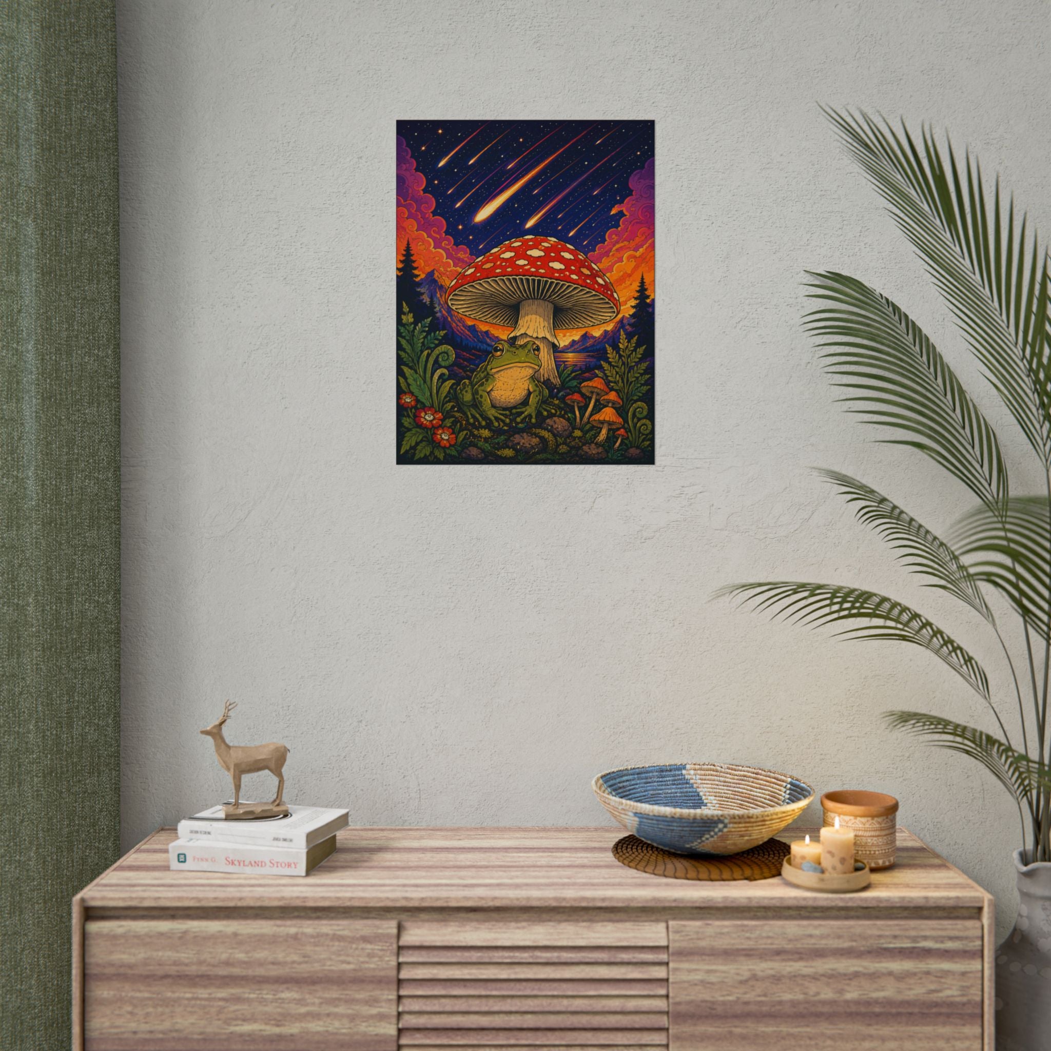 Psychedelic Toad & Mushroom Poster — Meteor Shower Night Sky Art Print