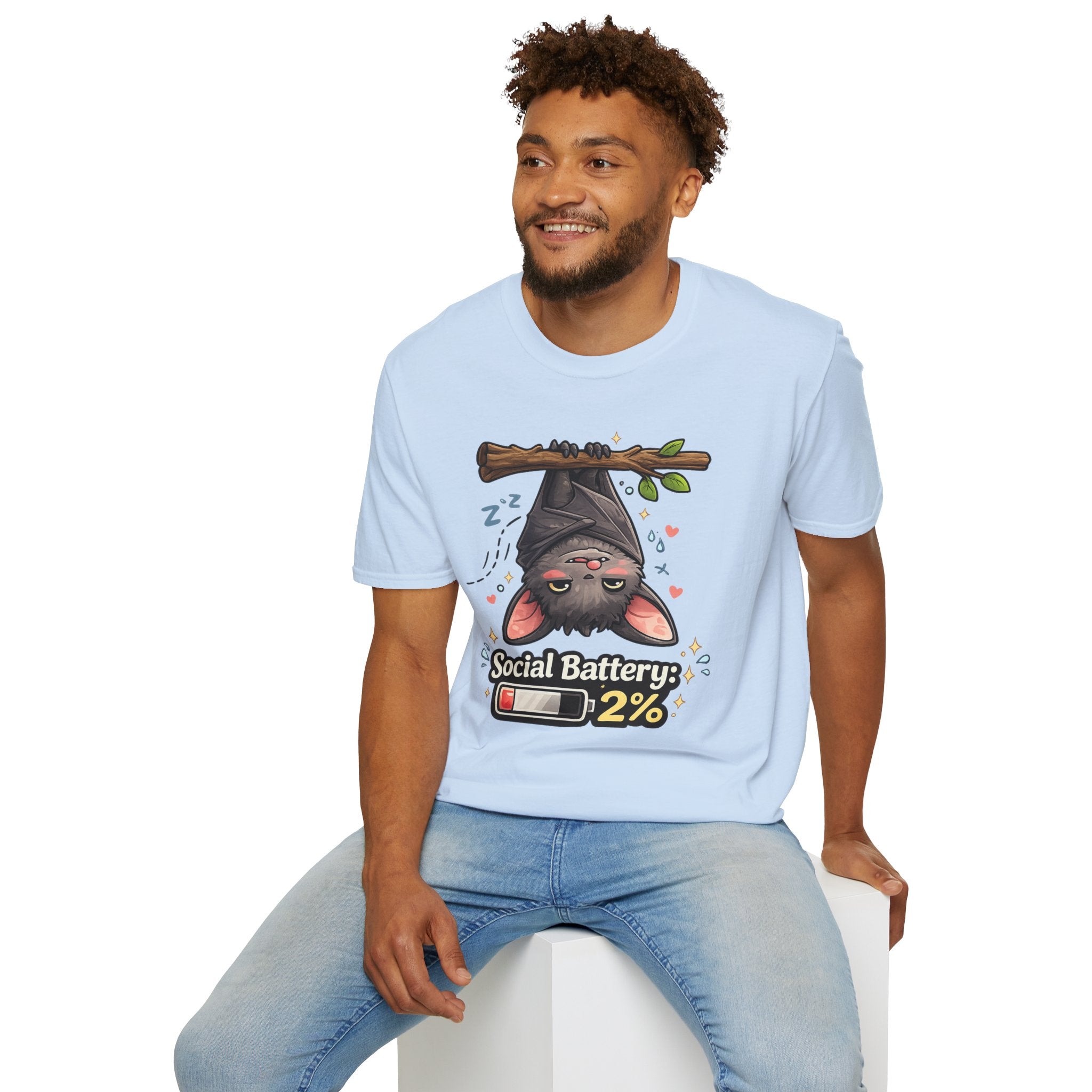 "Social Battery 2%" Cute Sleeping Bat Graphic Tee