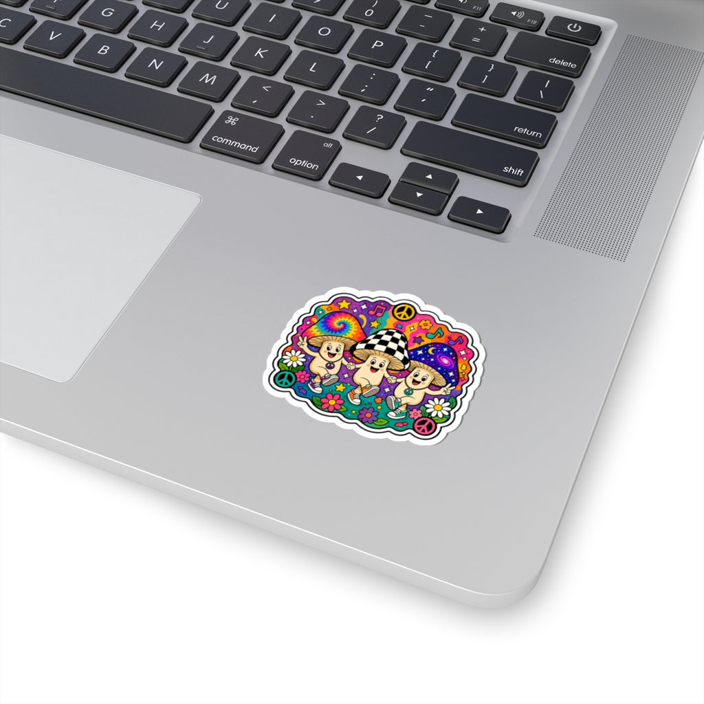 Psychedelic Mushroom Trio Kiss-Cut Sticker — Cute Hippie Peace & Flowers