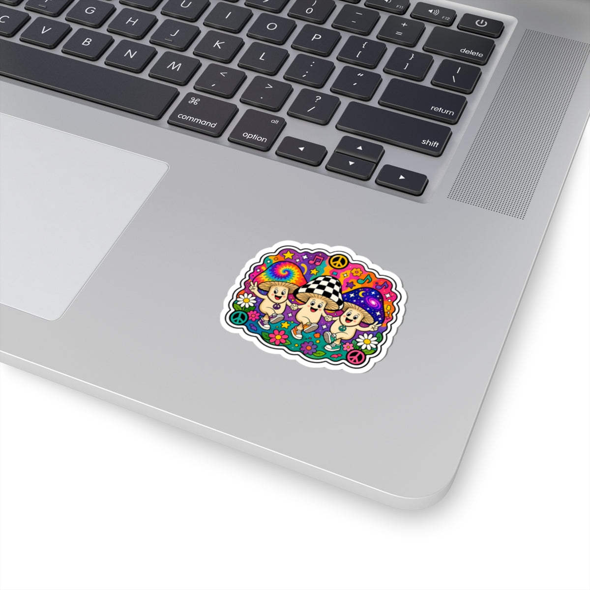 Psychedelic Mushroom Trio Kiss-Cut Sticker — Cute Hippie Peace & Flowers