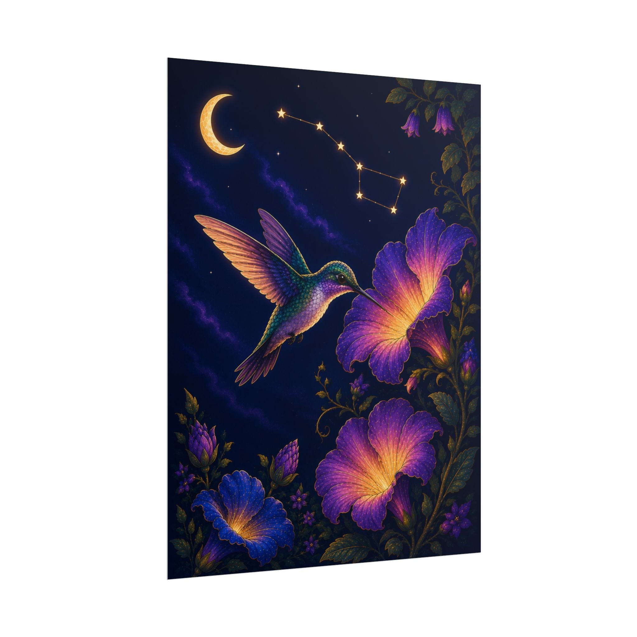 Hummingbird Moon Poster — Celestial Floral Night Wall Art