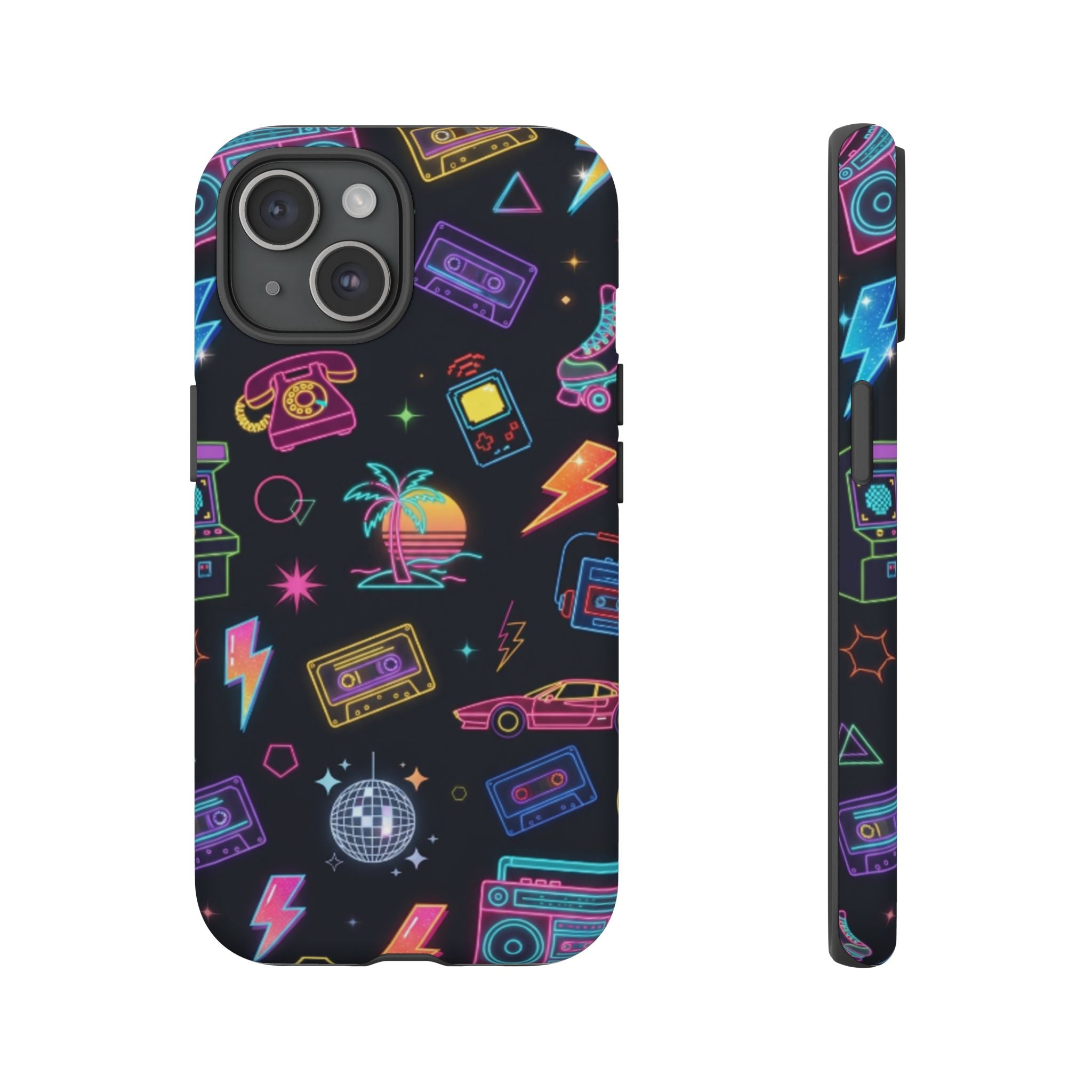 Retro Neon 80s Phone Case — Cassette, Roller Skate & Palm Tree Pattern