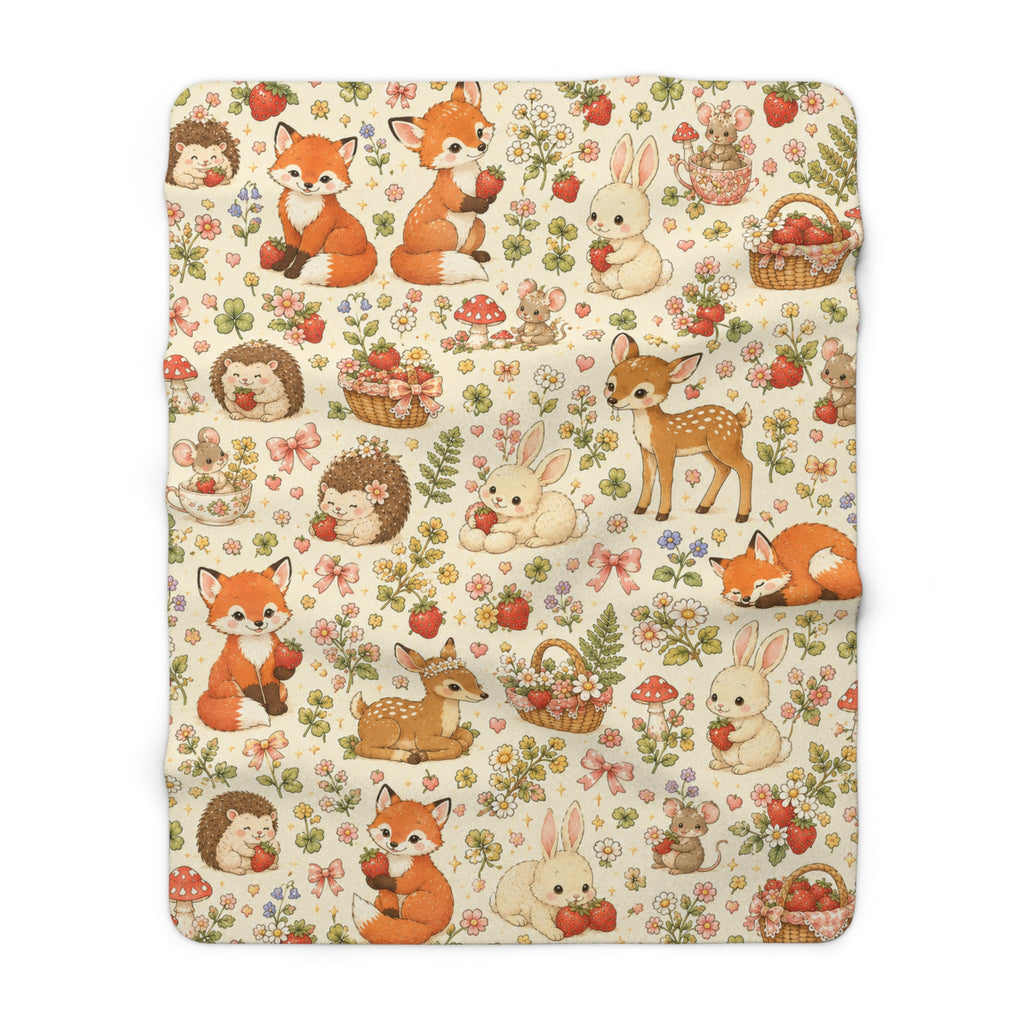 Strawberry Picnic Woodland Friends Sherpa Blanket