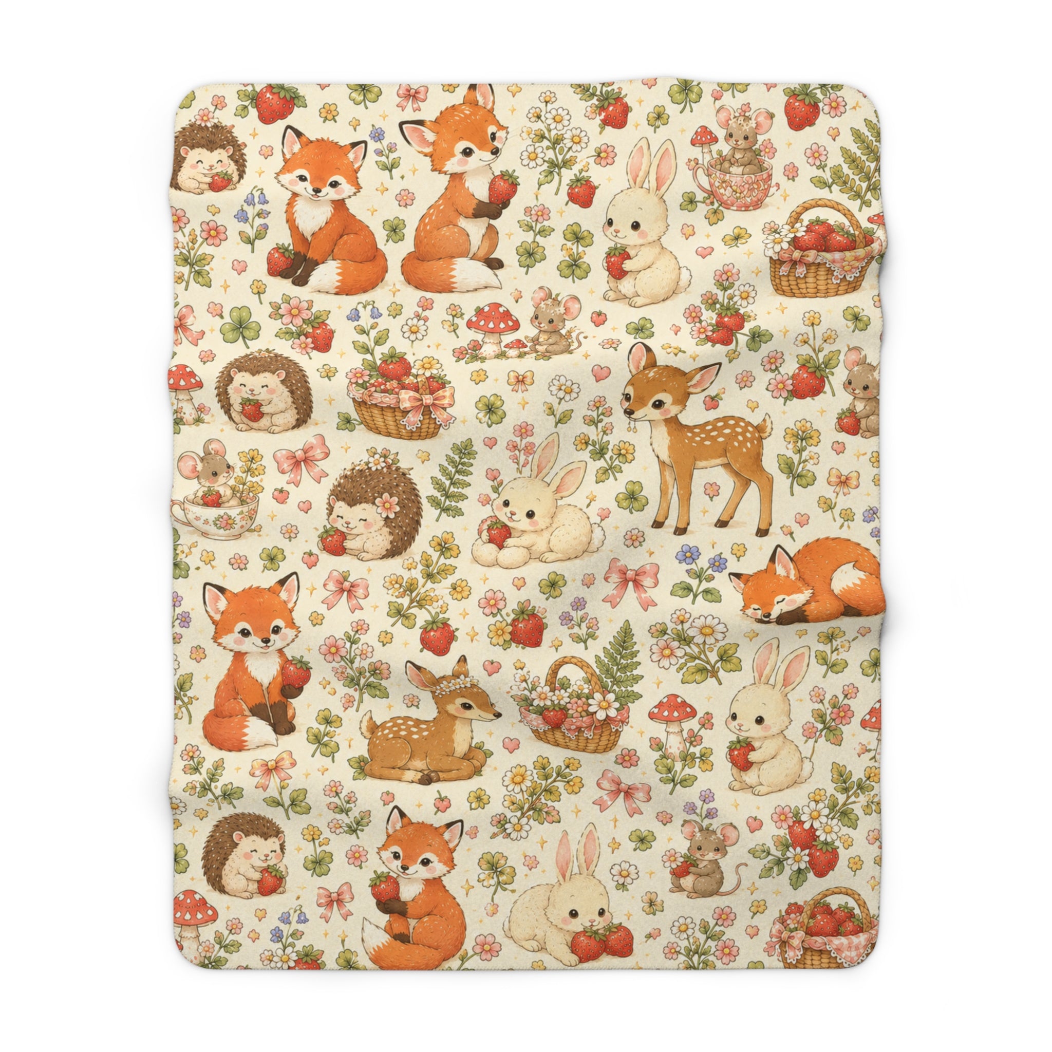 Strawberry Picnic Woodland Friends Sherpa Blanket