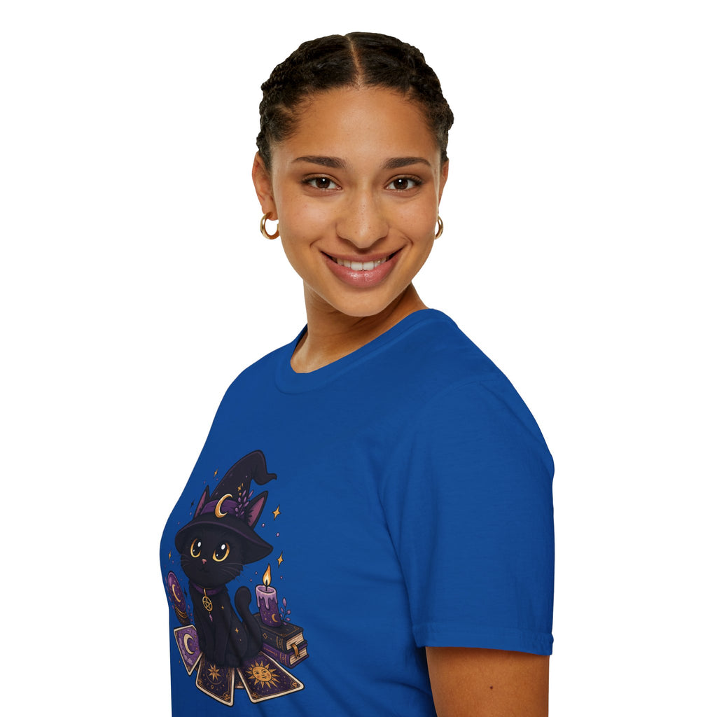 Tarot Cat T-Shirt — Cute Black Cat with Witch Hat & Tarot Candles