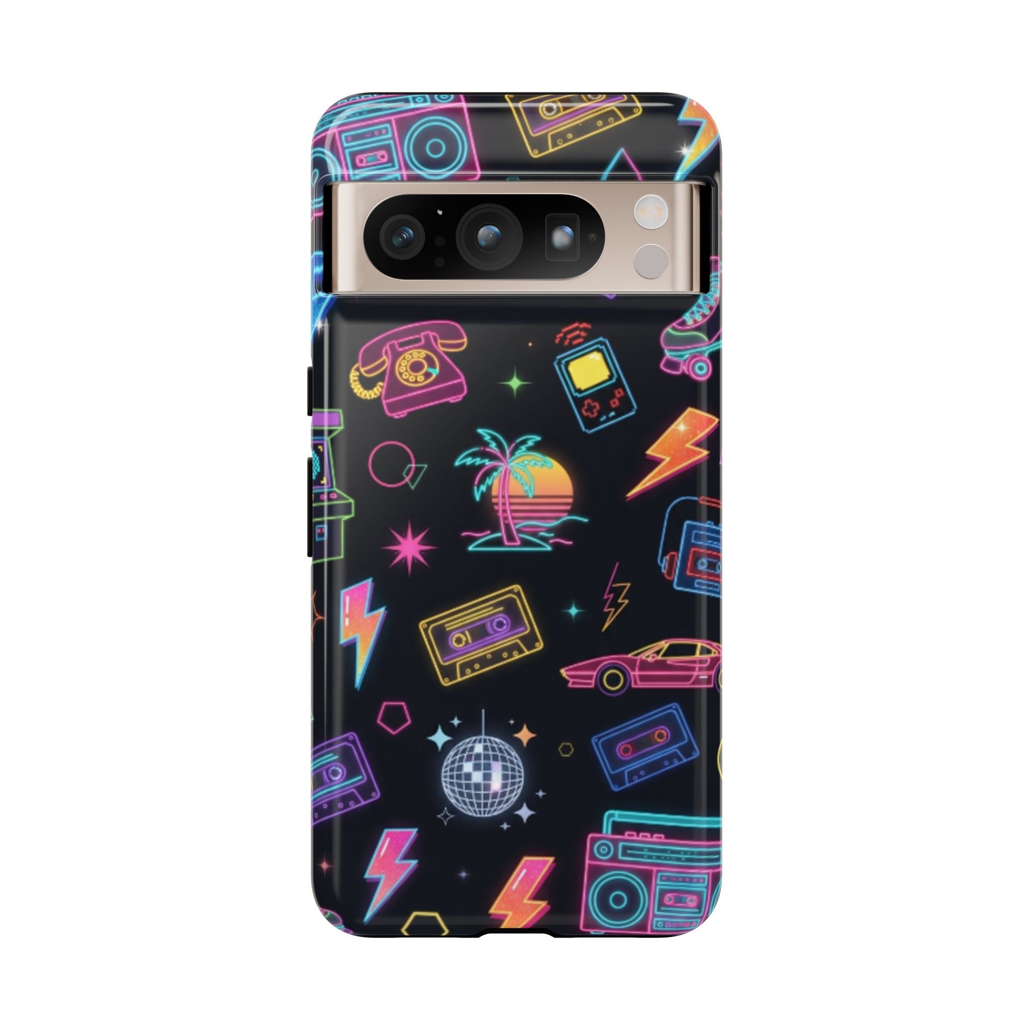 Retro Neon 80s Phone Case — Cassette, Roller Skate & Palm Tree Pattern
