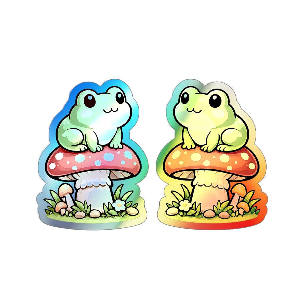 Holographic Frog on Mushroom Die-Cut Sticker — Cute Kawaii Vinyl Decal