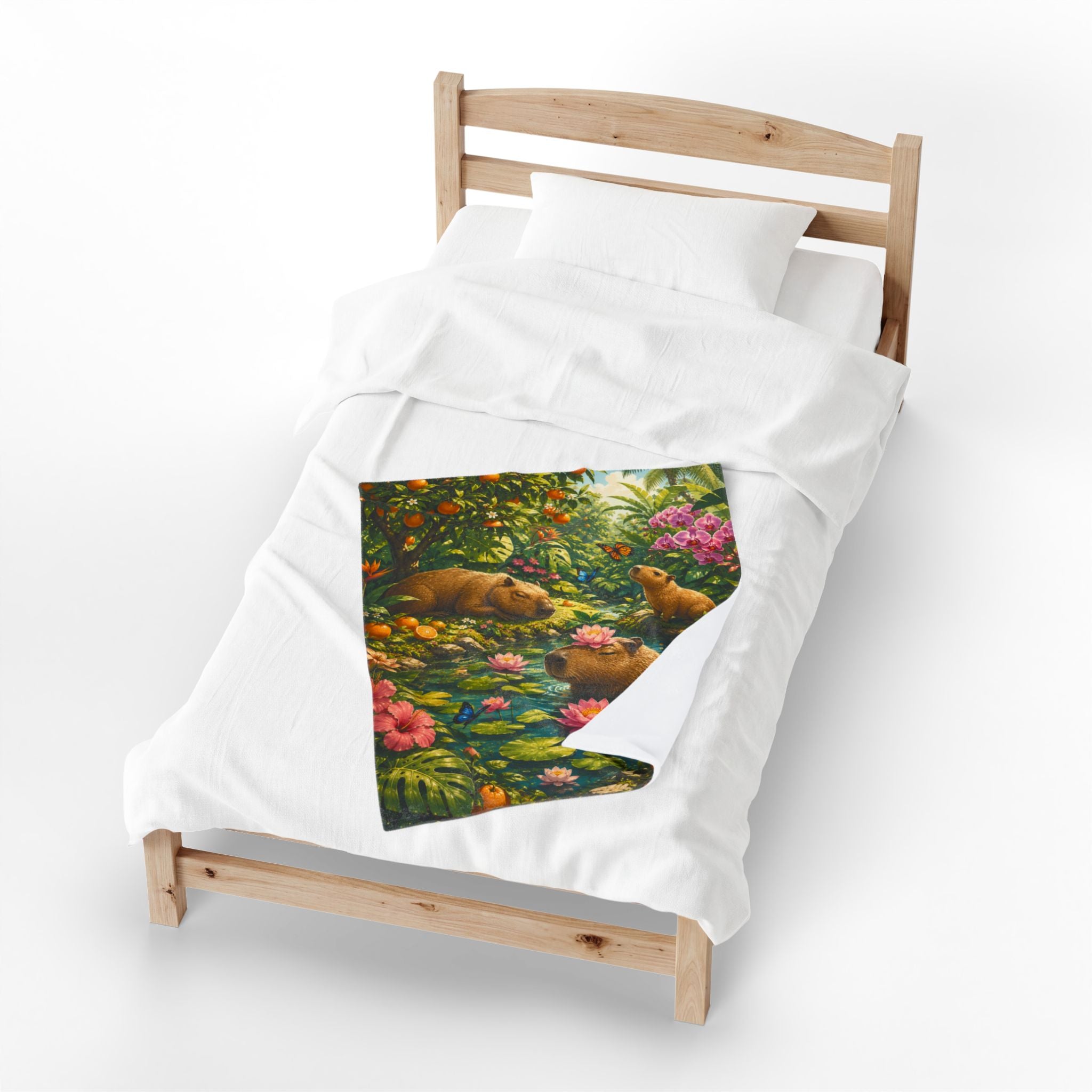 Capybara Garden Velveteen Plush Blanket — Tropical Floral Cozy Throw