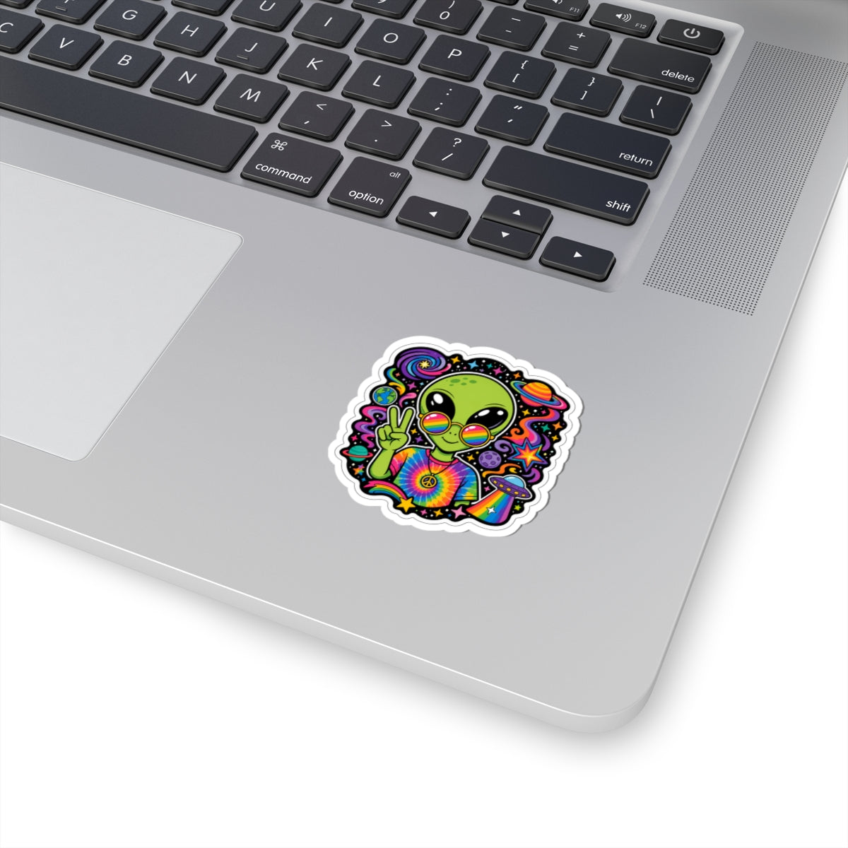 Psychedelic Alien Peace Sticker — Rainbow Tie-Dye UFO Kiss-Cut Decal
