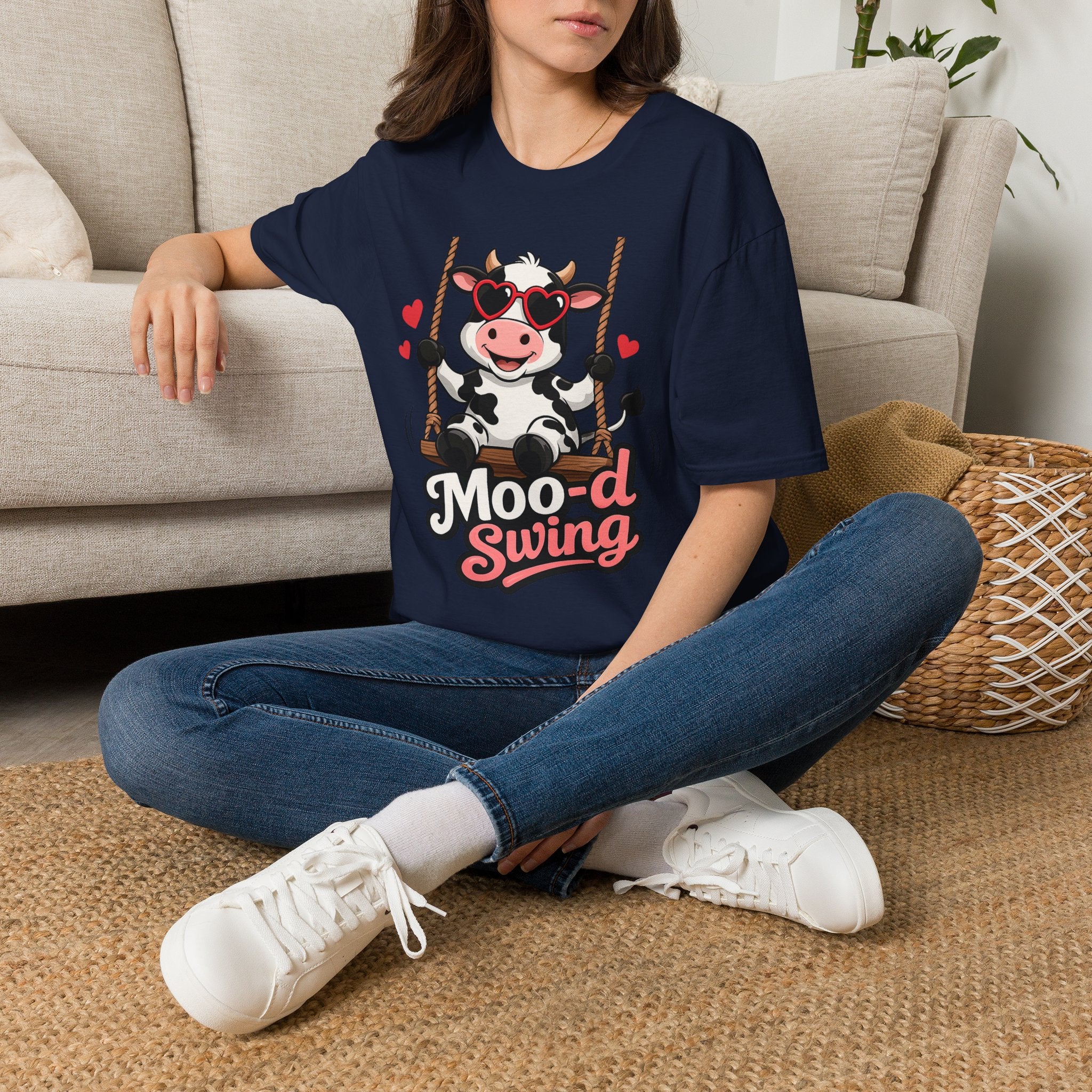 T-Shirt - "Moo-d Swing" Cute Cow on Swing Graphic Tee