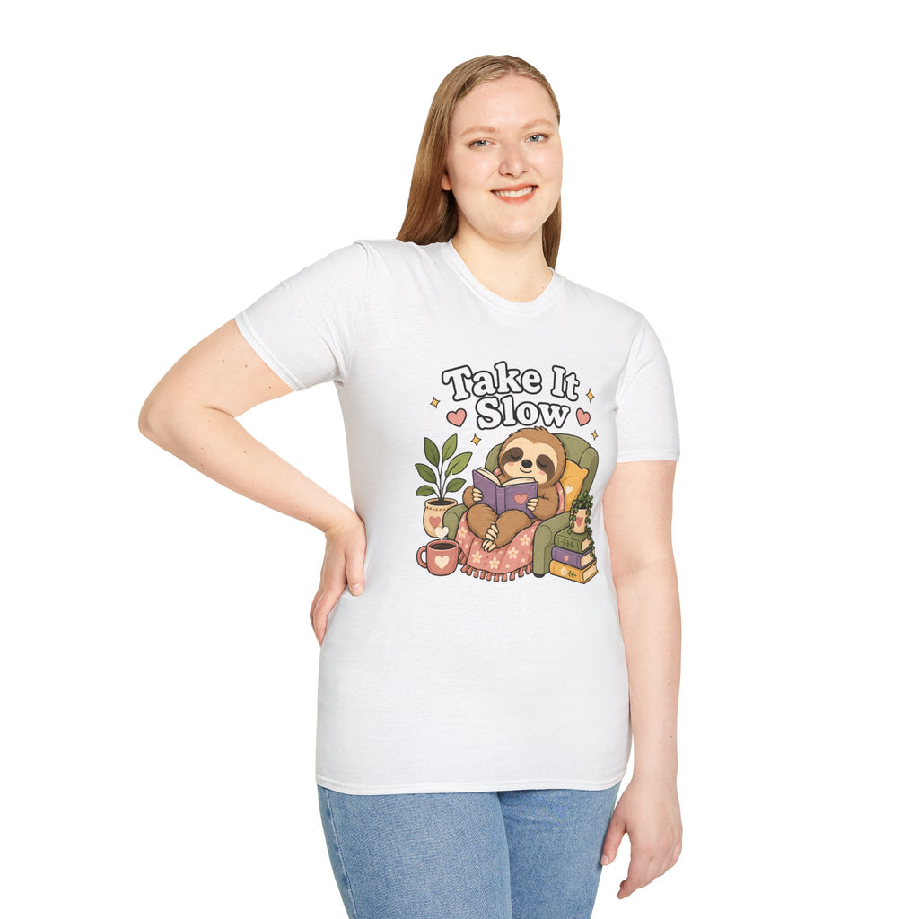Take It Slow Sloth T-Shirt — Relaxing Cozy Reading Graphic Tee
