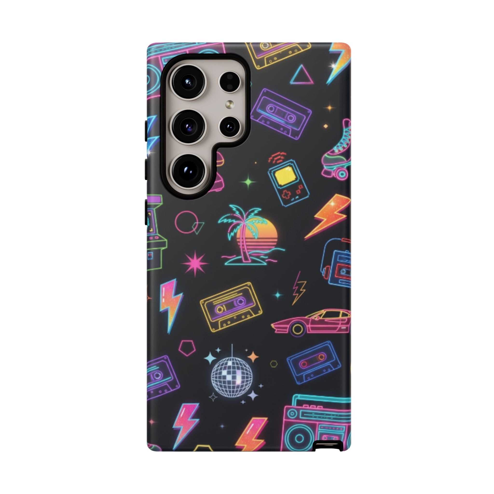 Retro Neon 80s Phone Case — Cassette, Roller Skate & Palm Tree Pattern