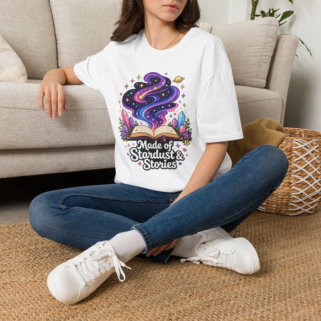 Booklover T-Shirt — “Made of Stardust & Stories” Cosmic Crystal Graphic Tee