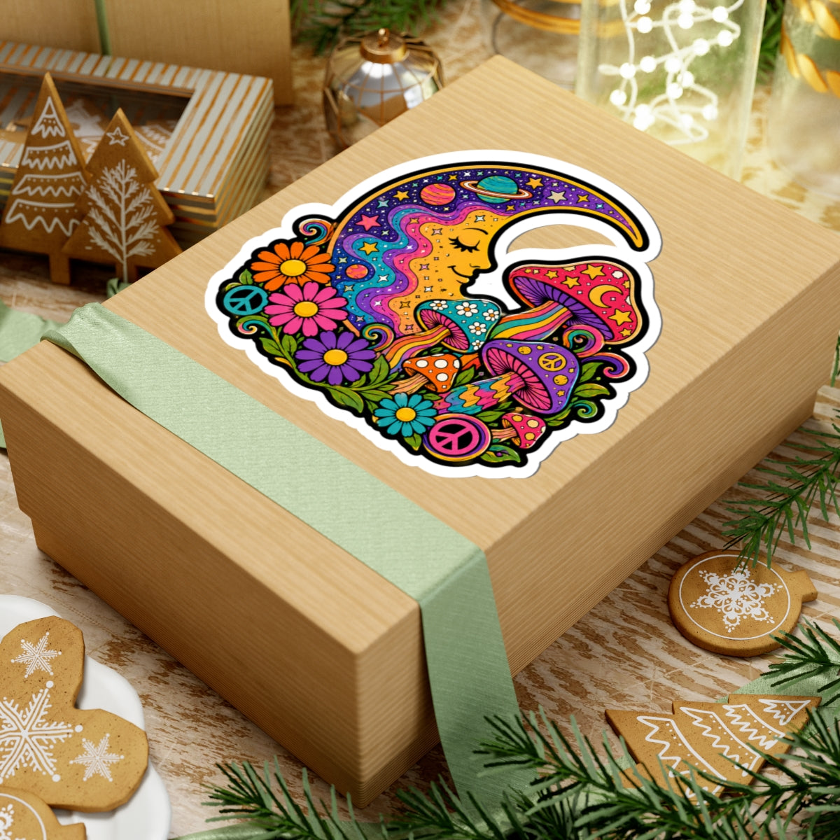 Psychedelic Moon & Mushroom Kiss-Cut Sticker — Retro Floral Peace Vibes