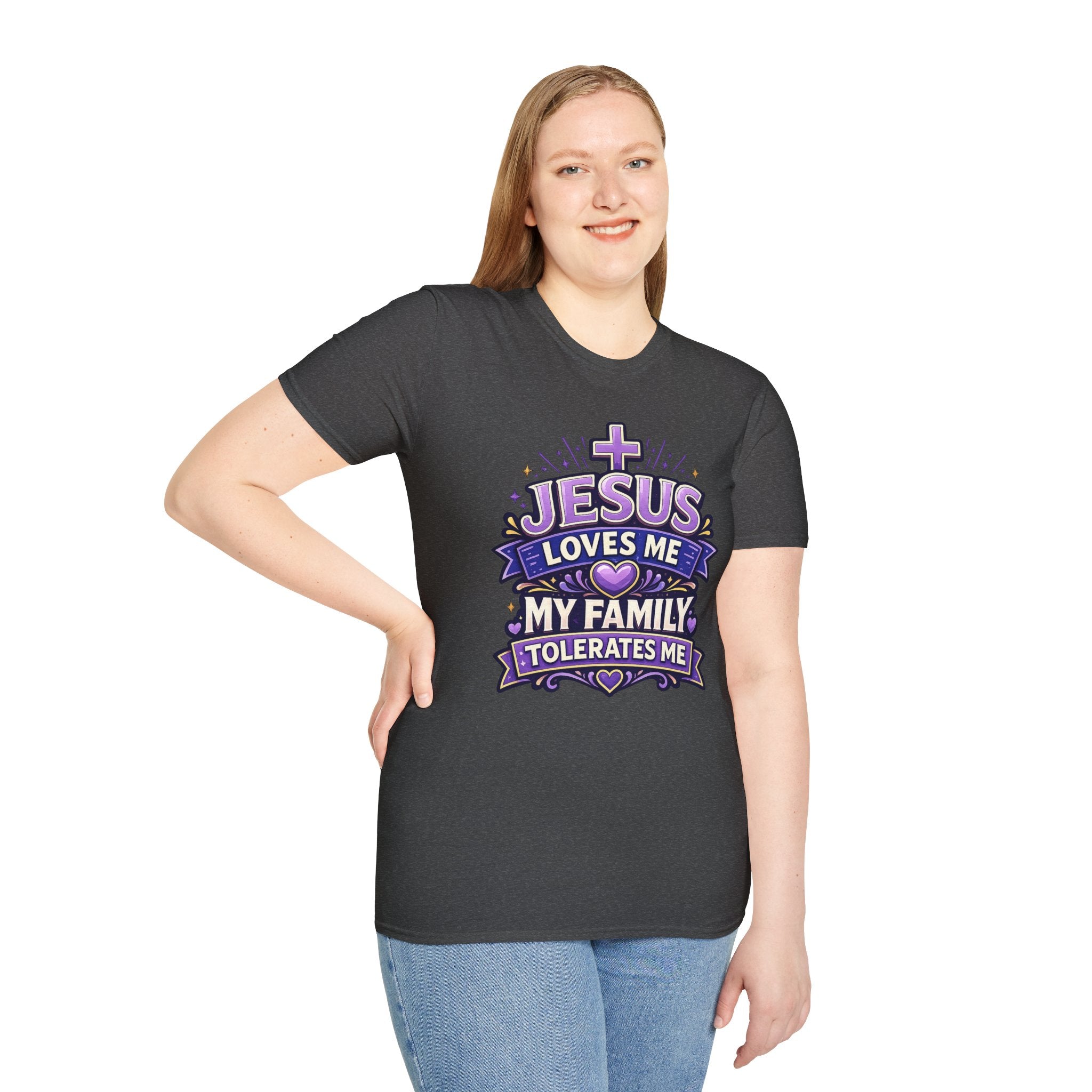 Jesus Loves Me T-Shirt — "Jesus Loves Me, My Family Tolerates Me" Funny Christian Gift Graphic Tee