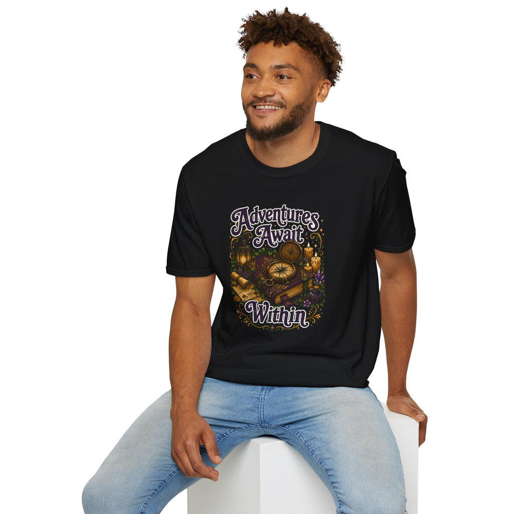 T-Shirt — "Adventures Await" Compass & Candle Travel Graphic