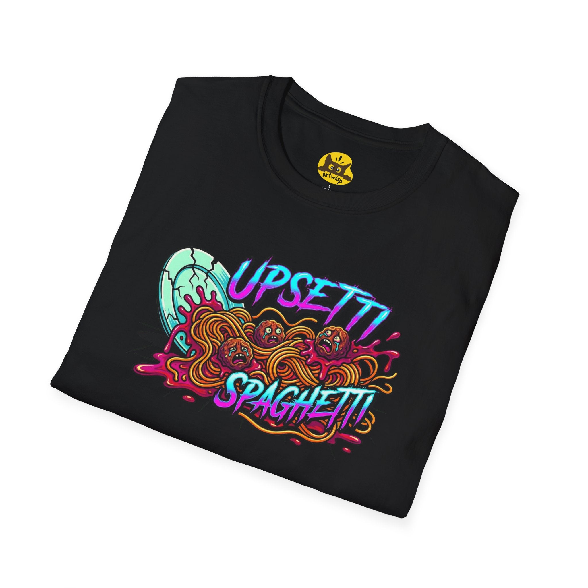 Upsetti Spaghetti T-Shirt — Funny Cartoon Spilled Pasta Graphic Tee