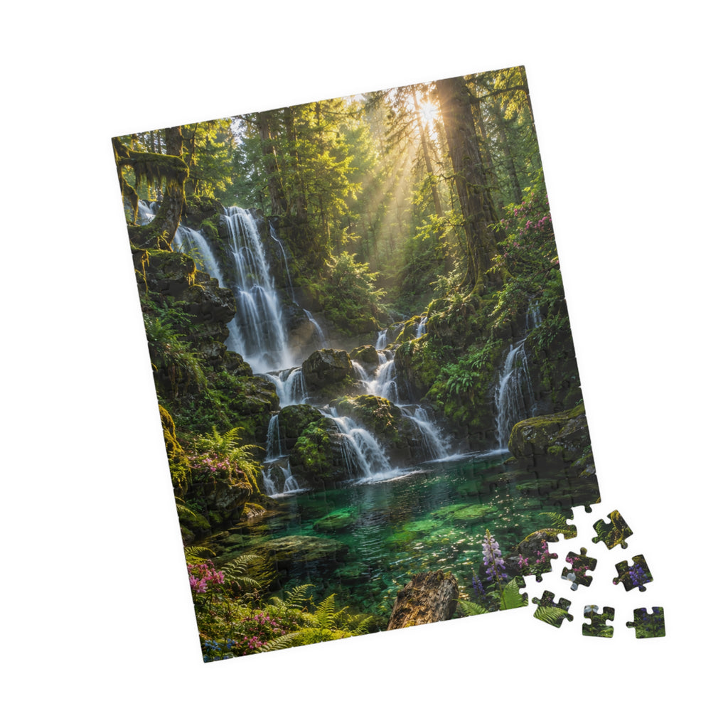 Enchanted Waterfall Forest Puzzle — Scenic Nature Jigsaw (110/252/520/1014 pcs)