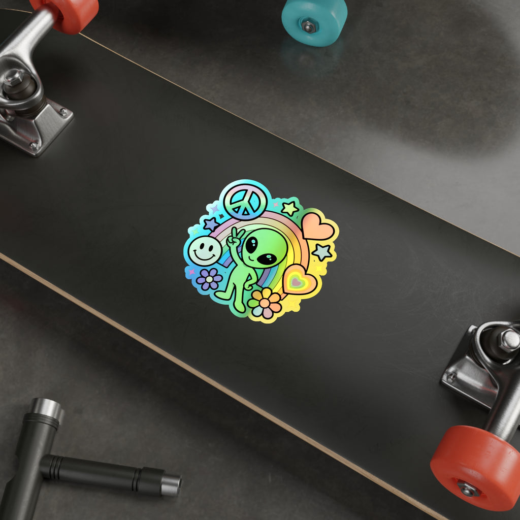Holographic Alien Peace Sticker — Rainbow Die-Cut Vinyl #02