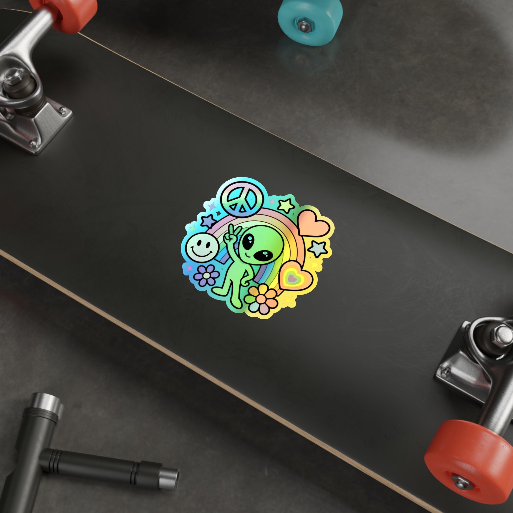 Holographic Alien Peace Sticker — Rainbow Die-Cut Vinyl #02