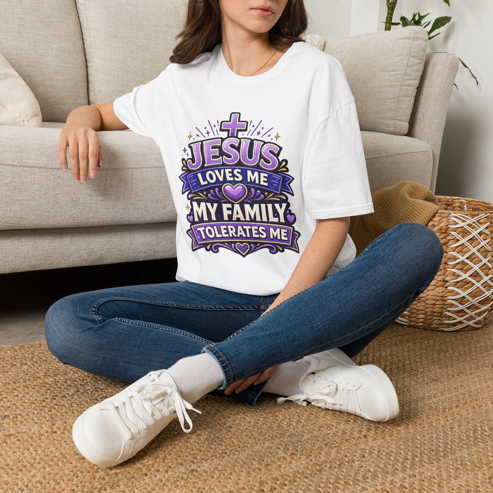 Christian T-Shirt — "Jesus Loves Me, My Family Tolerates Me" Graphic Tee
