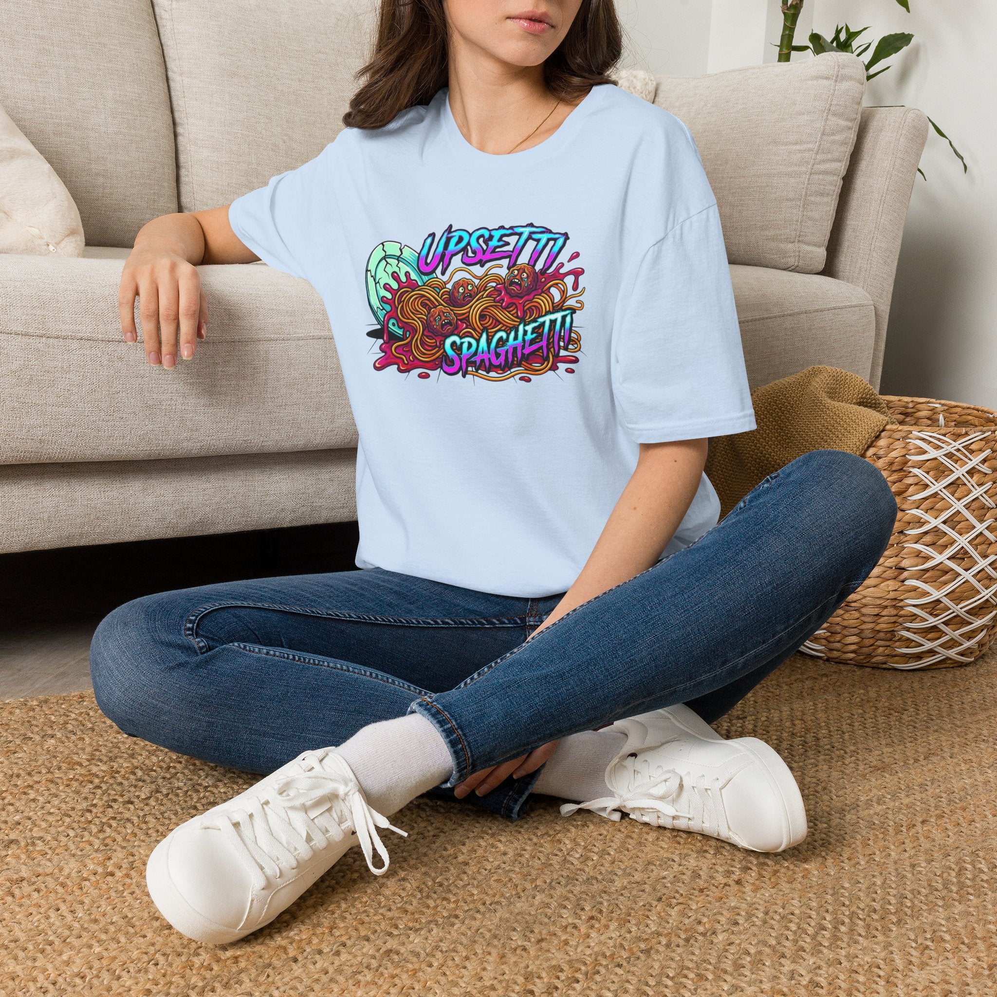 Upsetti Spaghetti T-Shirt — Funny Cartoon Spilled Pasta Graphic Tee