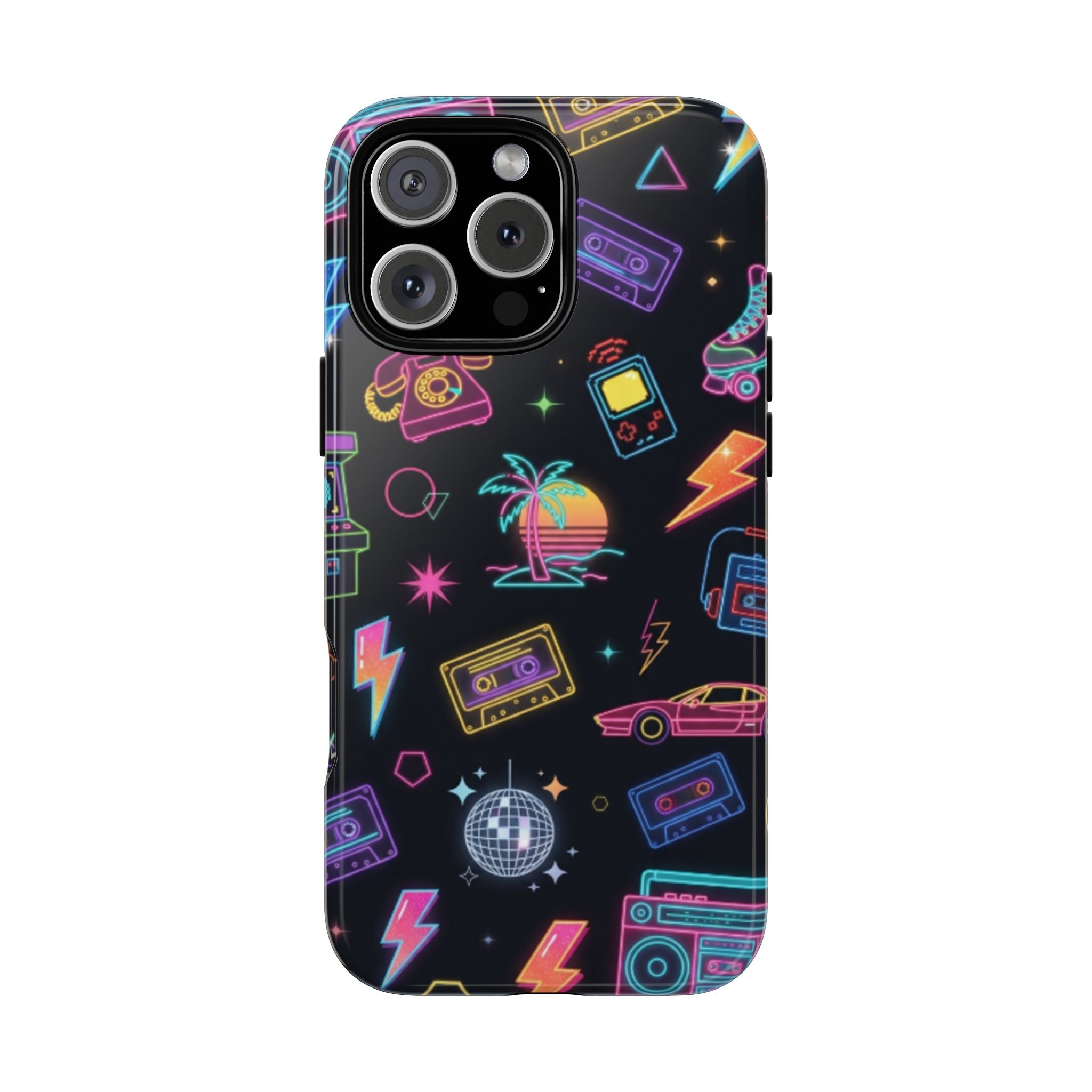Retro Neon 80s Phone Case — Cassette, Roller Skate & Palm Tree Pattern