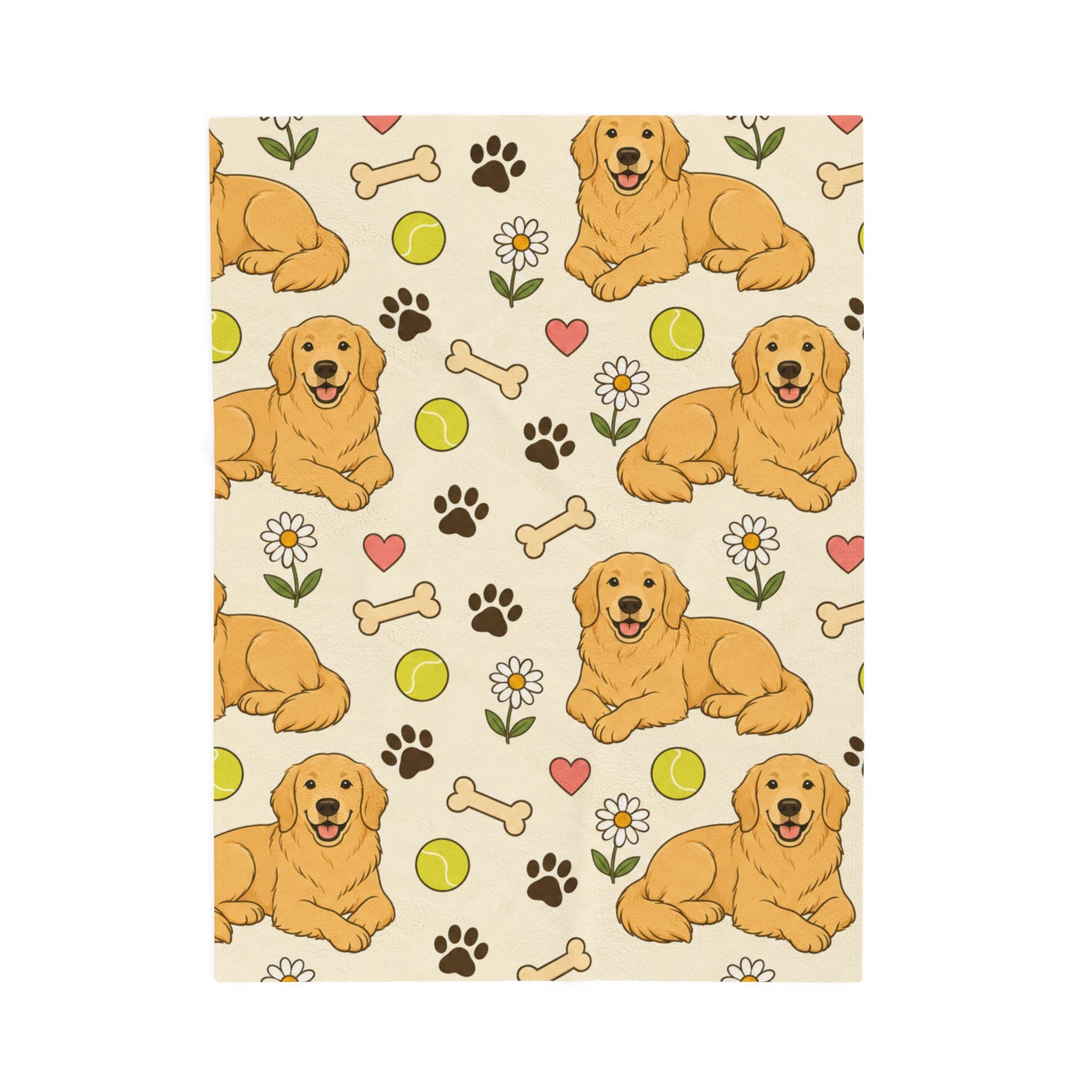 Golden Retriever Pattern Velveteen Plush Blanket — Cute Dog, Paw & Toy Design
