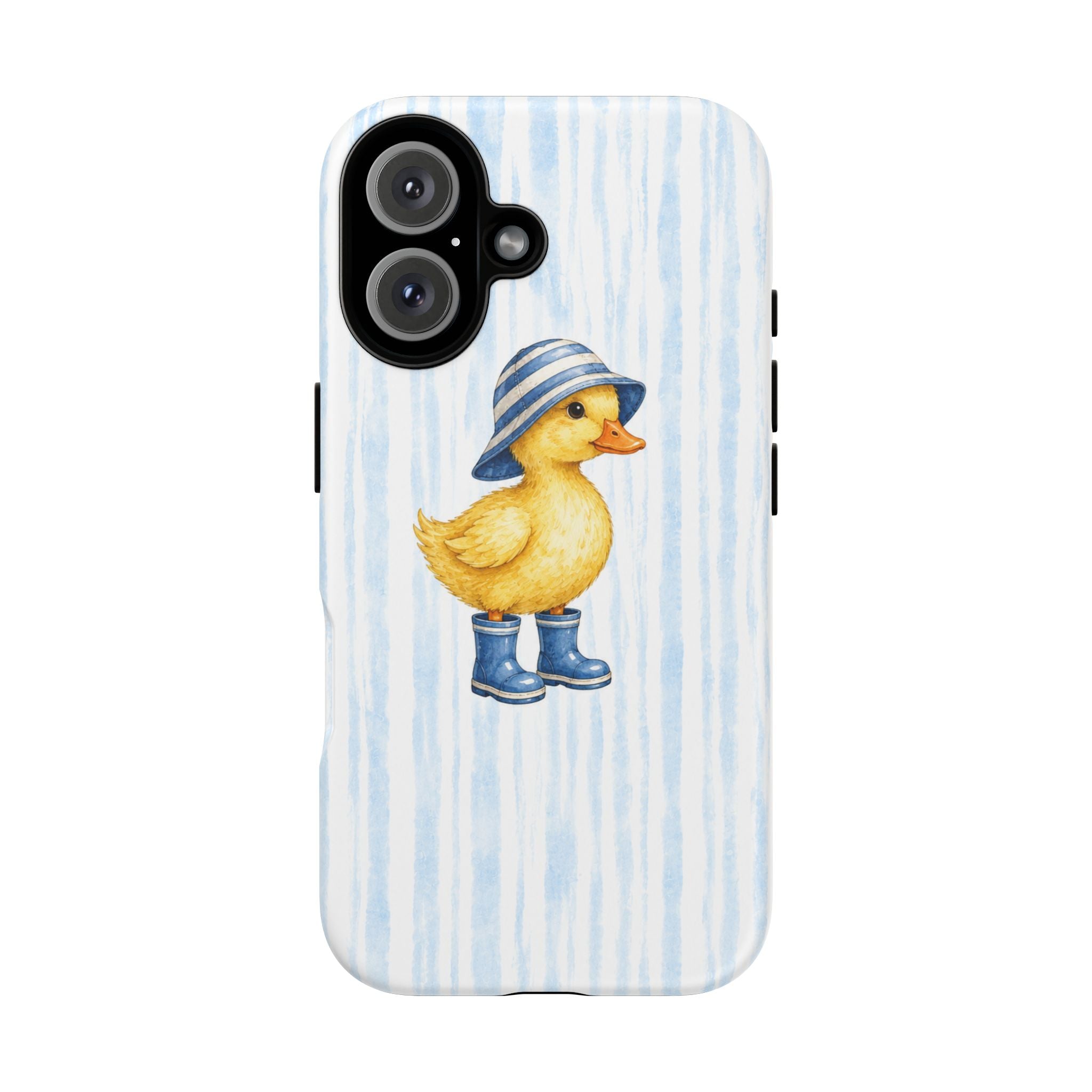 Cute Duckling Phone Case – Baby Blue Stripes with Duck in Hat & Boots