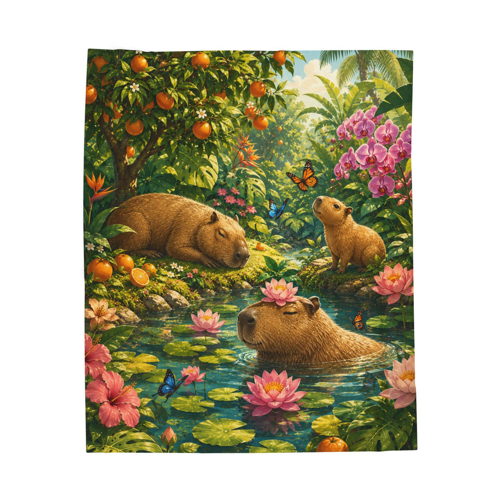 Capybara Garden Velveteen Plush Blanket — Tropical Floral Cozy Throw