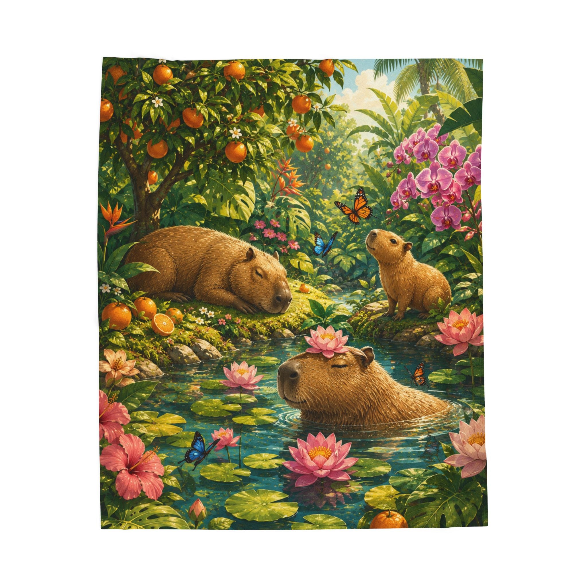 Capybara Garden Velveteen Plush Blanket — Tropical Floral Cozy Throw