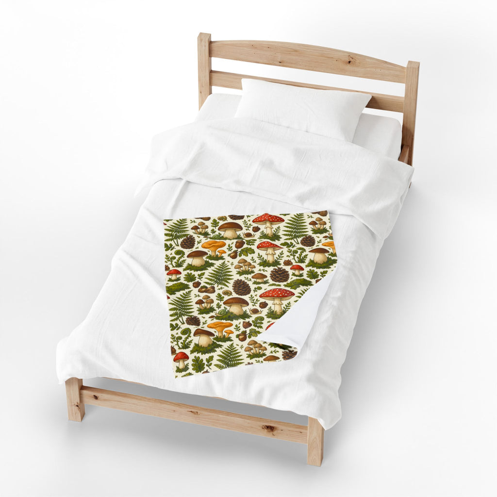 Mushroom Forest Velveteen Plush Blanket – Cozy Woodland Throw with Ferns & Pines