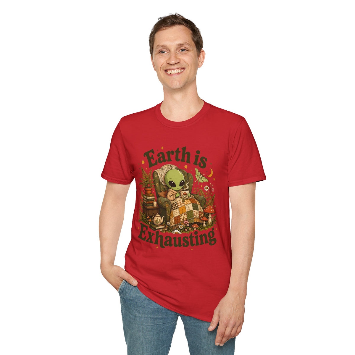 Earth Is Exhausting Alien T-Shirt — Cute Retro Cozy Space Graphic Tee